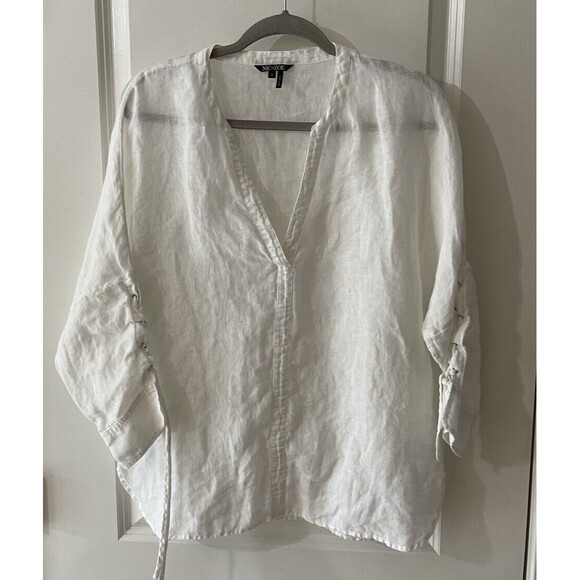 Nic & Zoe Women’s Small White Oversized Drawstring Sleeve 100% Linen Blouse - Picture 2 of 7